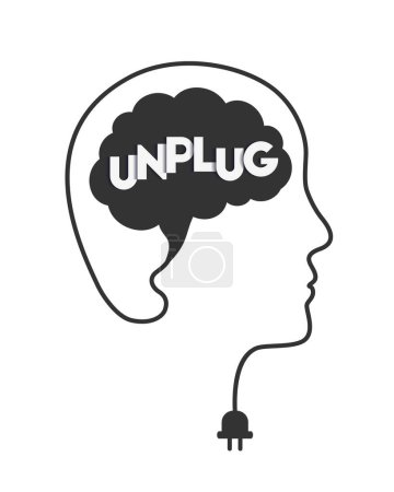 Illustration for Brain unplug and disconnect concept with head, brain, letters, cable and plug. Unplugging of mind, unplugged and disconnected mental state. Digital break from technology metaphor. - Royalty Free Image