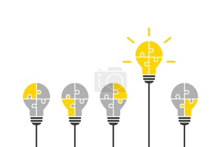Glühbirne aus Puzzleteilen als intelligentes und herausragendes Ideenkonzept. Herausragendes, gutes Denken, Lösung, Innovation und Erfolgskonzept mit leuchtend gelbem Glühbirnensymbol.