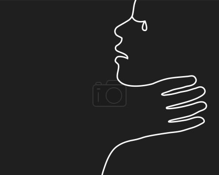 Illustration for Victim concept with person being hurt. Head and face with tear outline. White silhouette in line art on dark background. - Royalty Free Image