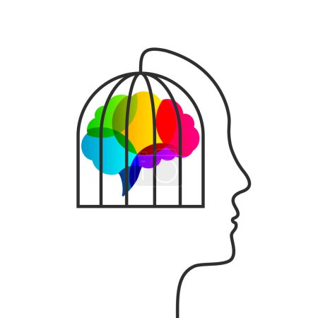 Téléchargez les illustrations : Concept tête et cage humaine avec cerveau coloré comme pensée créative et blocage, potentiel personnel inexploité ou obstruction du symbole de talent individuel - en licence libre de droit
