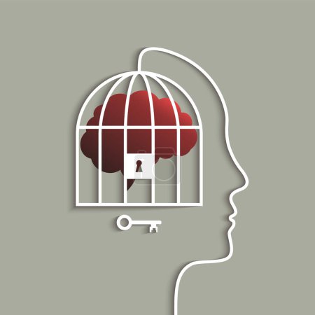 Ilustración de Cabeza humana con cerebro en jaula concepto, cerradura y símbolo conceptual clave como mindfulness, conciencia y metáfora de la conciencia - Imagen libre de derechos
