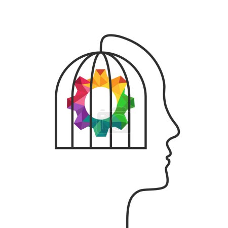 Téléchargez les illustrations : Équipement coloré verrouillé à l'intérieur d'un concept de cage mentale - en licence libre de droit