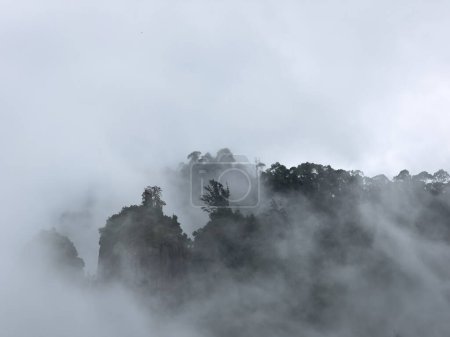 Fog covering the 3 vertical rocks known as Pillar rocks, Kodaikanal, Tamil Nadu