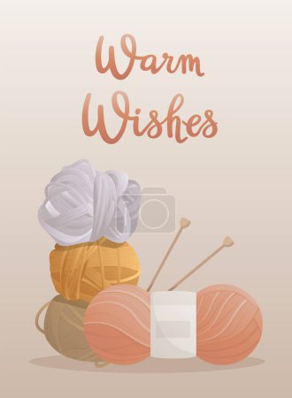 Illustration for Postcard with knitting elements and handwritten lettering "Warm Wishes". Knitting hobby. Threads for knitting. Warm clothes, cozy winter. Vector illustration for poster, banner, advertising, cover. - Royalty Free Image