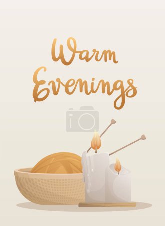 Illustration for Postcard with knitting elements and handwritten lettering "Warm Evenings". Knitting hobby. Threads and candles. Warm clothes, cozy winter. Vector illustration for poster, banner, advertising, cover. - Royalty Free Image