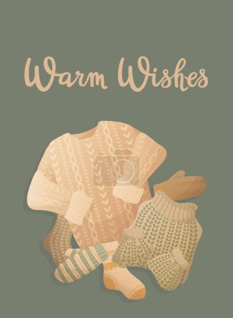 Illustration for Postcard with knitting elements and handwritten lettering "Warm Wishes". Knitting hobby. Sweaters, socks, gloves. Warm clothes, cozy winter. Vector illustration for poster, banner, advertising, cover. - Royalty Free Image