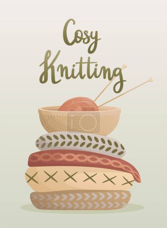 Illustration for Postcard with knitting elements and handwritten lettering "Cosy Knitting". Knitting hobby. Threads and sweaters. Warm clothes, cozy winter. Vector illustration for poster, banner, advertising, cover. - Royalty Free Image