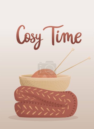 Illustration for Postcard with knitting elements and handwritten lettering "Cosy Time". Knitting hobby. Threads and sweaters. Warm clothes, cozy winter. Vector illustration for poster, banner, advertising, cover. - Royalty Free Image