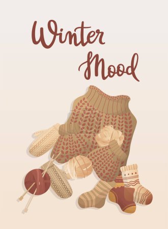 Illustration for Postcard with knitting elements and handwritten lettering "Winter Mood". Knitting hobby. Sweaters, socks, gloves. Warm clothes, cozy winter. Vector illustration for poster, banner, advertising, cover - Royalty Free Image