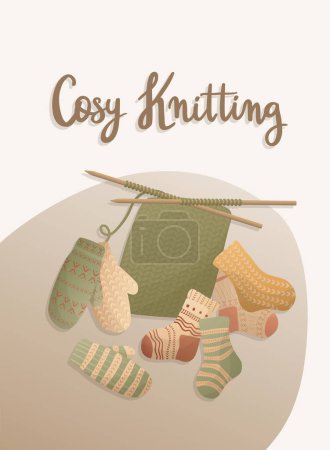 Illustration for Postcard with knitting elements and handwritten lettering "Cosy Knitting". Knitting hobby. Threads, socks, gloves. Warm clothes, cozy winter. Vector illustration for poster, banner, advertising, cover - Royalty Free Image