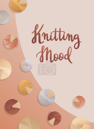 Illustration for Postcard with knitting elements and handwritten lettering "Knitting Mood". Knitting hobby. Balls of threads. Warm clothes, cozy winter. Vector illustration for poster, banner, advertising, cover. - Royalty Free Image