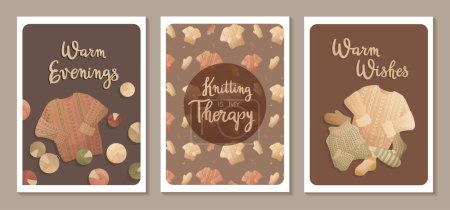 Illustration for Set of the knitting postcards with handwritten lettering. Knitting hobby. Threads and sweaters pattern background. Warm clothes, cozy winter. Vector illustration for poster, banner, advertising, cover - Royalty Free Image