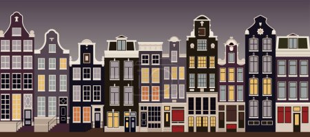 Affiche historique de style Amsterdam. La rue Damrak entre la place du Dam et la gare centrale. Destinations historiques en Europe. Architecture des Pays-Bas.