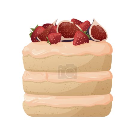 Illustration for Vanilla biscuit cake with strawberry, fig fruits and cream. Bakery, sweet food, dessert, pastry concept. Vector illustration for poster, banner, cover, card, postcard, menu. - Royalty Free Image