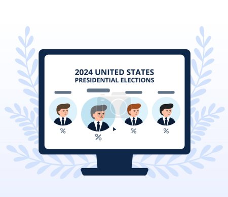 Illustration for 2024 Presidential elections in the USA. Template for website, landing page of online survey. Monitor screen with candidate data and results after voting. Flat vector illustration. - Royalty Free Image