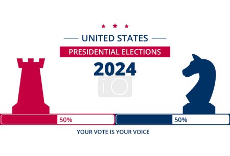 2024 finden in den USA Präsidentschaftswahlen statt. Demokraten gegen Republikaner. Wahlsymbole beider Parteien sind Schachfiguren. Flache Vektorabbildung. Abstimmungstag 5. November