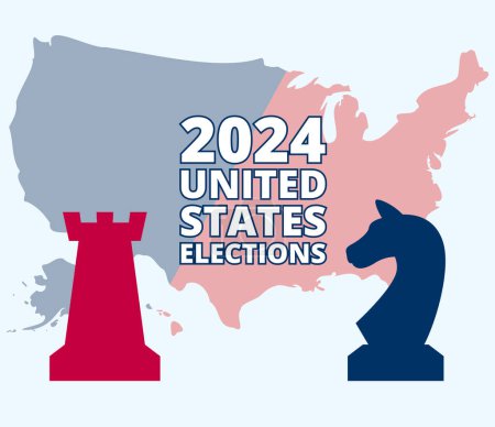 Präsidentschaftswahlen 2024 in den USA beginnen mit der Landkarte der USA. Demokraten gegen Republikaner. Wahlsymbole beider Parteien sind Schachfiguren. Flache Vektorabbildung. Abstimmungstag 5. November