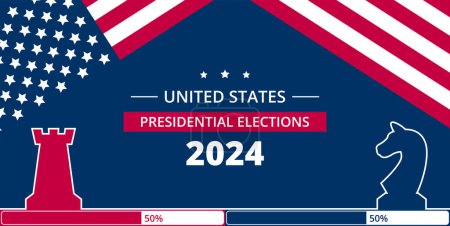 Präsidentschaftswahlen 2024 in den Vereinigten Staaten mit US-Flagge. Demokraten gegen Republikaner. Wahlsymbole beider Parteien sind Schachfiguren. Flache Vektorabbildung. Abstimmungstag 5. November