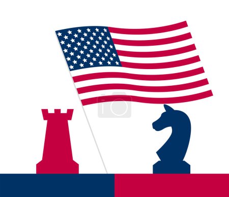 2024 Presidential elections in the United Stares with USA flag. Democrats against Republicants. Electoral symbols of both political parties chess figures. Flat vector illustration. Vote day November 5