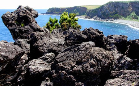 Foto de Volcanic lava-formed coastal cliffs at Alagoa Viewpoint, northern coast of Terceira, Azores, Portugal - July 27, 2022 - Imagen libre de derechos