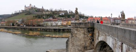 Photo for Old Main Bridge, Alte Mainbruecke, Marienberg Fortress on a hill in the background, panoramic shot, Wurzburg, Germany - January 26, 2023 - Royalty Free Image