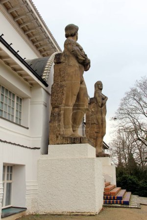 Photo for "Power" and "Beauty" sculptures by Ludwig Habich, at the entrance of the Ernst Ludwig House, completed in 1901, part of the Artists Colony, Kunstlerkolonie, Darmstadt, Germany - January 27, 2023 - Royalty Free Image