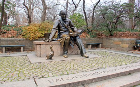 Hans Christian Andersen monument, at the western edge of Conservatory Water in Central Park, created by George Lober and installed in the park in 1956, New York, NY, USA - December 23, 2023
