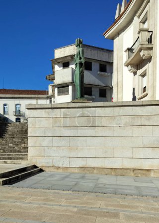 Street corner with "Justice", allegoric statue at the District Courthouse in the Civic Center of the city, Castelo Branco, Portugal - November 24, 2023