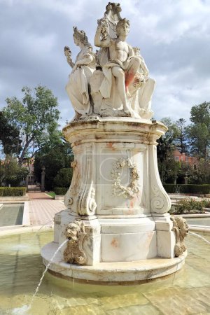 Four Seasons Fountain in the gardens of Marques de Pombal Palace, palatial complex built in second half of the 18th century in Baroque and Rococo styles, Oeiras, Lisbon, Portugal - March 5, 2024