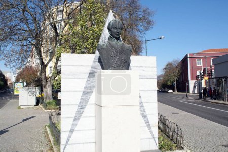 Photo for Monument to General Gomes Freire de Andrade, bronze bust on white stone pedestal, sculptural work by Francisco Simoes, installed in 2003 on Rua Gomes Freire, Lisbon, Portugal - December 18, 2021 - Royalty Free Image