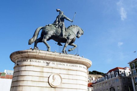 Equestrian statue of King John I, sculptural work by Leopoldo de Almeida, inaugurated in 1971, in the Praca da Figueira, Lisbon, Portugal - December 18, 2021