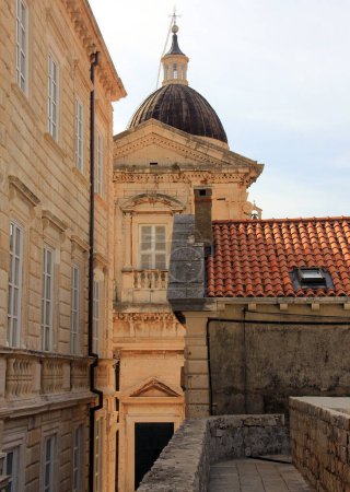 Dome of the Cathedral of the Assumption of the Virgin Mary, and typical stone townhouses and tile roofs of the old town, view from the city wall, Dubrovnik, Croatia - September 29, 2012