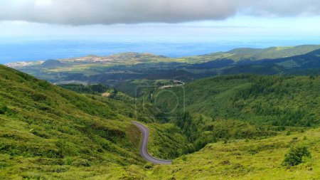 Agua de Pau Massif stratovolcano, view from the crest to Atlantic coast, Sao Miguel Island, Azores, Portugal - August 2, 2022