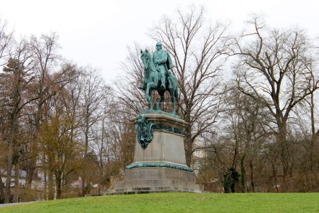 Equestrian statue of Herzog Ernst II, sculptural work by Gustav Heinrich Eberlein, installed in 1899, in Hofgarten facing Schlossplatz, Coburg, Upper Franconia, Bavaria, Germany - January 31, 2023