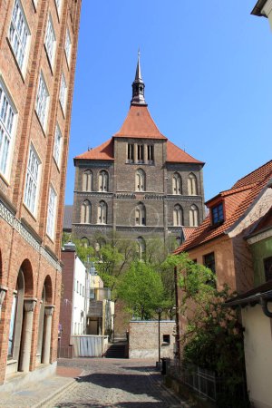 St. Mary s Church, Marienkirche, medieval brick Gothic church with latter added baroque elements, western facade, Rostock, Germany - May 2, 2012