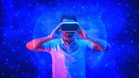 abstract digital technology concept background of man wearing 3d goggle headset overlay with digital abstract symbol in concept of cyberspace and metaverse with virtual reality world