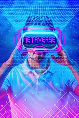 Photo for Metaverse and virtual reality background of man wearing 3D VR headset overlay with neon letters of metaverse and digital line symbol - Royalty Free Image