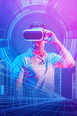Photo for Virtual reality technology in architecture design concept of architech waering 3D virtual reality headset overlay with real estate design blueprint - Royalty Free Image