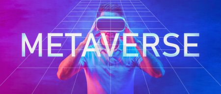 Photo for Metaverse and virtual reality background of man wearing 3D VR headset overlay with neon letters of metaverse - Royalty Free Image