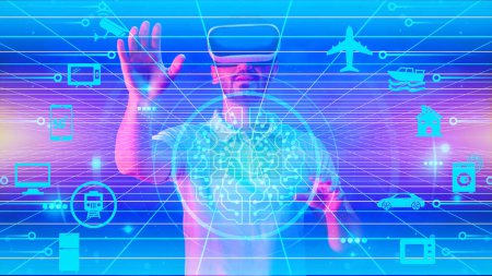 Téléchargez les photos : Internet des objets ou concept IOT arrière-plan de l'homme portant un casque de réalité virtuelle 3D superposé avec cerveau AI et connectivité du système de communication et de transport de l'appareil ménager dans le même réseau - en image libre de droit