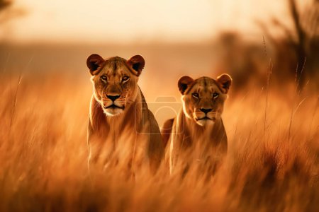 Tierfotografie von zwei Löwenweibchen im Savannah-Feld bei Sonnenuntergang