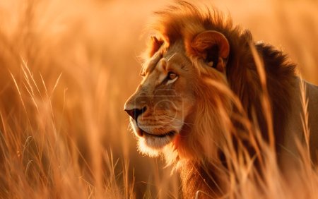 Téléchargez les photos : Photographie animalière d'un lion mâle hantant le champ de Savannah au coucher du soleil - en image libre de droit