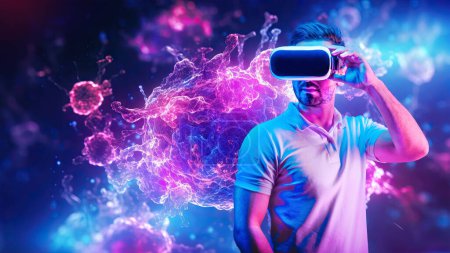 A Caucasian man wearing a VR headset is deeply immersed in a metaverse virtual biology world, surrounded by visually engaging germs and bacteria in vibrant neon colors