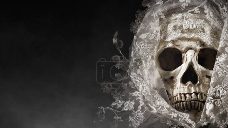 Photo for A haunting photo captures the skull of a bride adorned with a veil, set against dark background for Halloween concept - Royalty Free Image