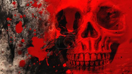 Téléchargez les photos : Halloween concept de double exposition du crâne humain et abstrait fond effrayant grunge avec éclaboussures de sang - en image libre de droit