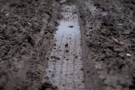 Photo for Tire tracks on a muddy road in February - Royalty Free Image