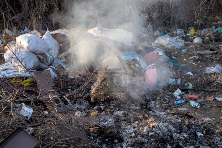 Photo for Teplyk, Ukraine - March, 10 2024: white toxic smoke rolls out of a landfill burning plastic garbage. - Royalty Free Image