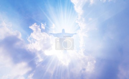 Jesus Christ In The Clouds Of Heaven blue sky background,good friday concept