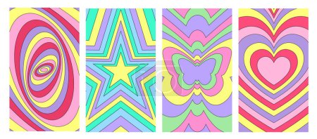 Téléchargez les illustrations : Set Of Butterfly,heart,star,cycle shape Geometric Abstract Backgrounds. Lovely Vibes Posters Design. Trendy Y2K Illustration. - en licence libre de droit