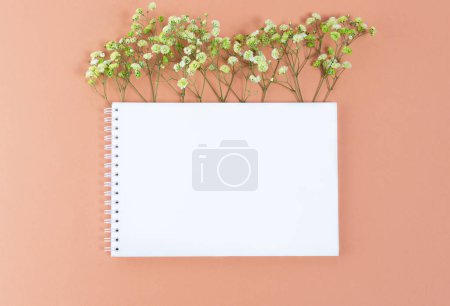 Notepad with blank white sheet and small branches with light green gypsophila flowers on paper background.